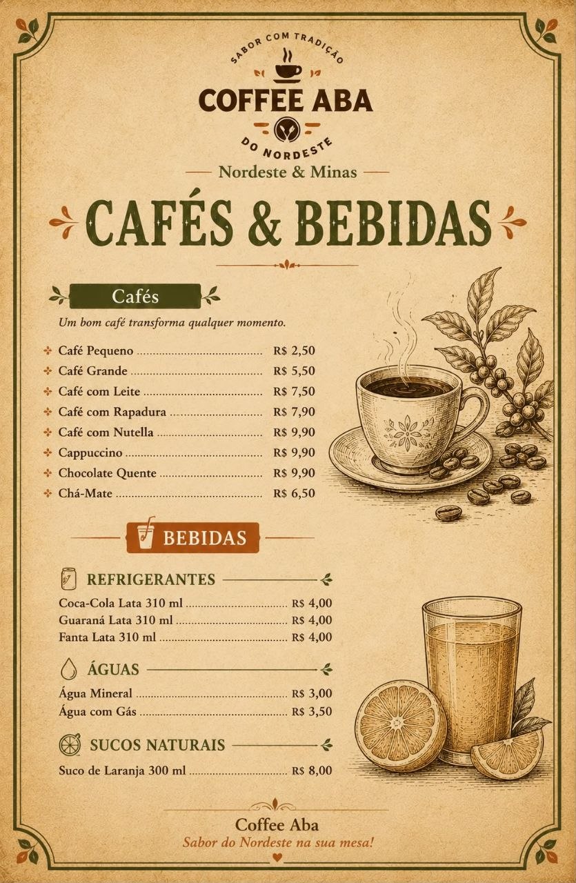 Cardápio impresso de cafés e bebidas; itens e preços também disponíveis em texto nesta seção